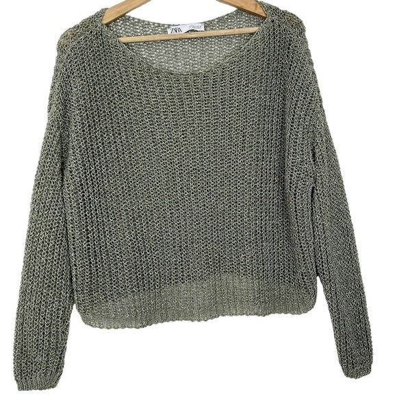 Zara Sweaters - Zara Cropped Open Knit Metallic Fiber Scoop Neck Pullover Sweater